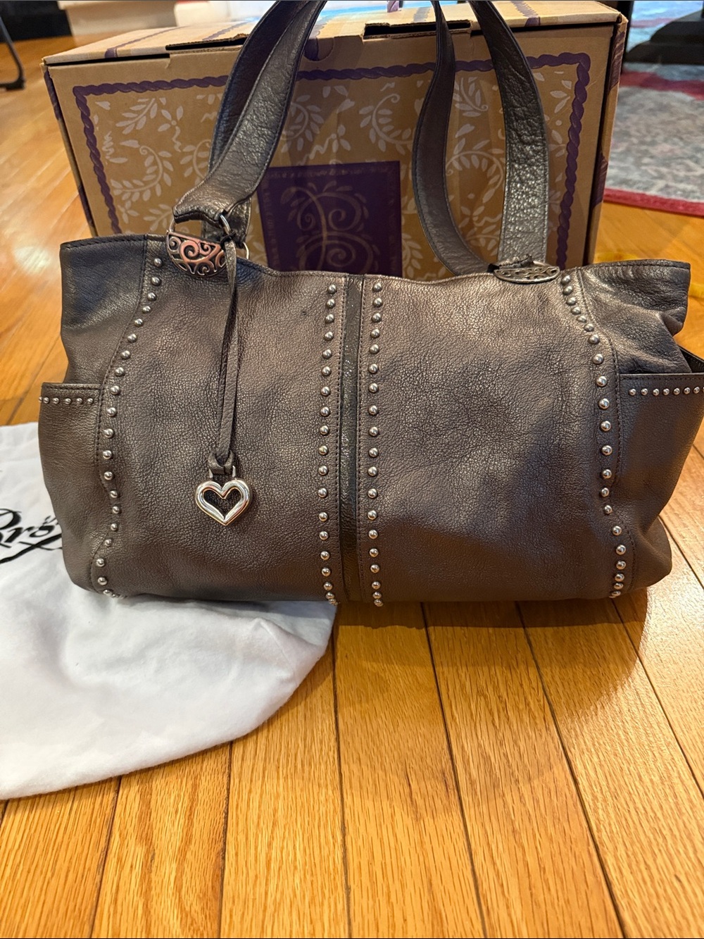 Brighton Andie Pewter Leather Studded Shoulder Bag with Heart Charm